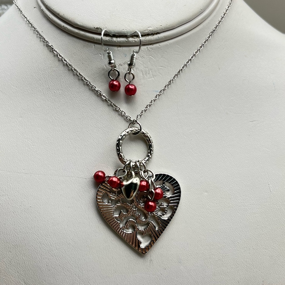 Silver Heart Pendant Necklace with Red Accents